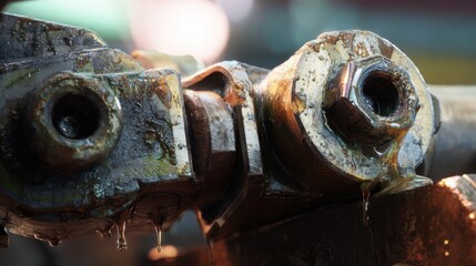 Fototapeta premium extreme close up of fifth wheel coupling mechanism covered with grease, metal locking jaws and thick lubricant visible, cinematic industrial lighting
