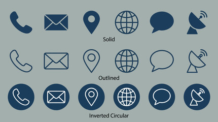 Communication and location icons in solid, outlined, and inverted circular styles, representing phone, email, chat, internet, broadcast, navigation