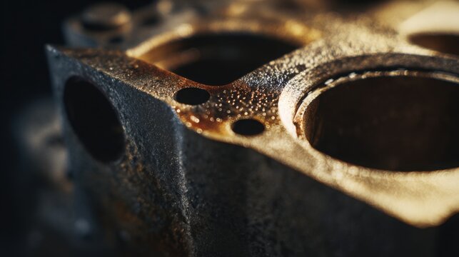 extreme close up of old cast iron engine block from legendary million kilometer engine, worn metal texture, oil residue and machining marks