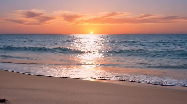 Vibrant sunset casts golden path over calm ocean waves, soft beach with subtle footprints
