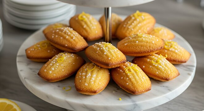 lemon madeleines with a dusting of fine sugar and a light zest garnish neatly arranged, on a tiered white marble serving tray. Perfect for a tea party or light gathering. Shot with elegant, soft focus