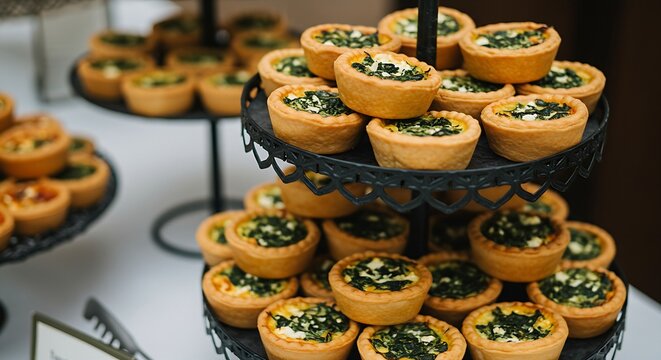 miniature quiches with spinach and feta filling, golden-brown crusts neatly arranged, on a tiered wrought iron serving tray. Perfect for a brunch or light gathering. Shot with elegant, soft focus ligh