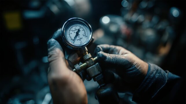 Extreme macro photography of compression gauge in mechanic hands, cinematic lighting highlighting glass reflections, ultra realistic textures