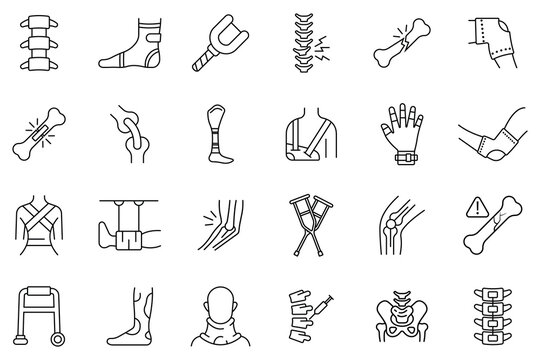Set of 24 orthopedics vector icons with black outlines. Joint Replacement, Surgery, Spine, Back, Bone Joint, Broken Bones, Throat Injury, Spine Injury etc icon set. Vector illustration.