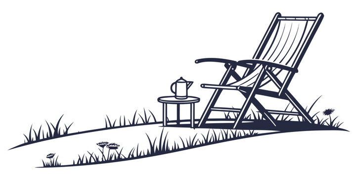 A relaxing deck chair with a side table on a grassy hillside