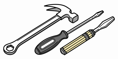 A variety of tools including a hammer, screwdriver, and wrench laid out on a flat surface