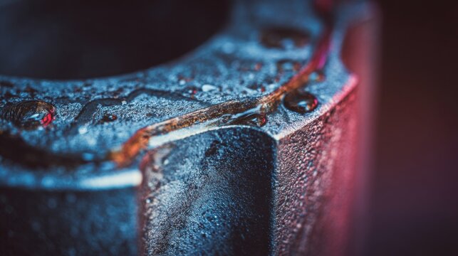 Extreme macro photography of piston in internal combustion engine, focus on intricate metal textures, minor surface imperfections, cinematic high