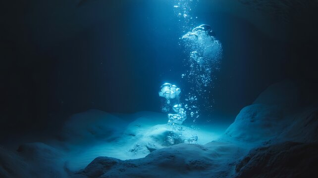 Underwater scene with bubbles rising to surface in dark ocean