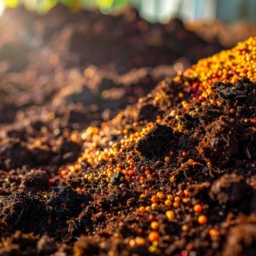 A close-up of a pile of soil with small, vibrant orange and yellow objects