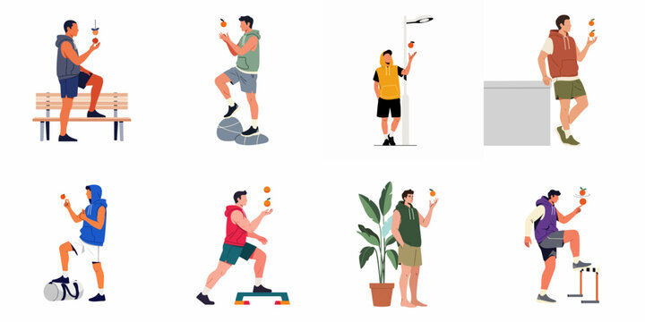 Collection of flat illustrations showing athletic men in casual sportswear interacting with oranges while performing various exercises and posing in different settings.