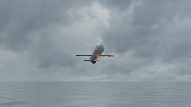 Missile attack. Cruise missile flying. Missile launch. Rocket fly over sea.
