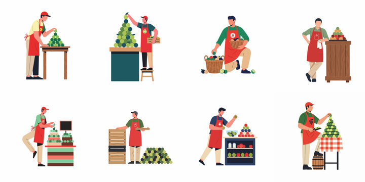 Collection of flat illustrations featuring male grocery store workers in red aprons meticulously arranging fresh fruit and vegetable displays in a market setting.