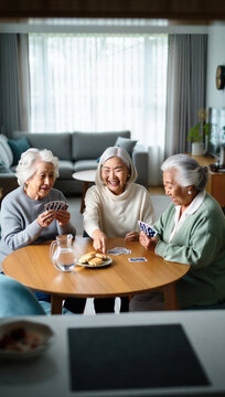Active retirees erupting in boisterous laughter over a surprising winning hand during their fiercely competitive weekly card club.