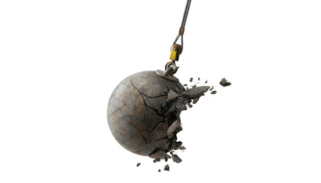 A powerful, weathered wrecking ball shatters upon impact, sending debris flying. Symbolizing demolition, change, and overcoming obstacles on a clean white background.
