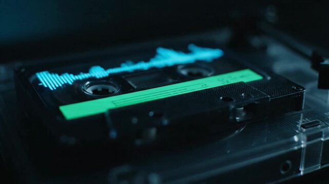 A retro cassette tape with a vibrant sound wave visualization.
