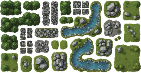 Top-down view of a versatile vector game asset set featuring various green grass tiles, winding blue rivers, lush bushes, and gray rock formations © sweet.love.com