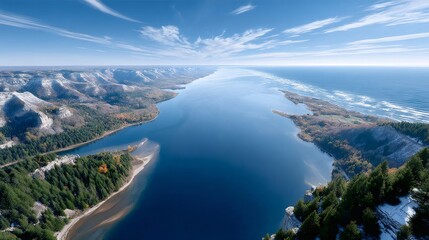 Panoramic view displaying scenic lake and mountains