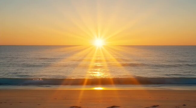 Bright sunset starburst over calm ocean with reflecting light path on water and sand