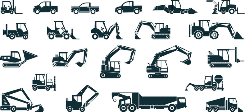 Construction machinery and heavy equipment icons set including excavator bulldozer forklift dump truck loader vehicles silhouette collection for industrial engineering design