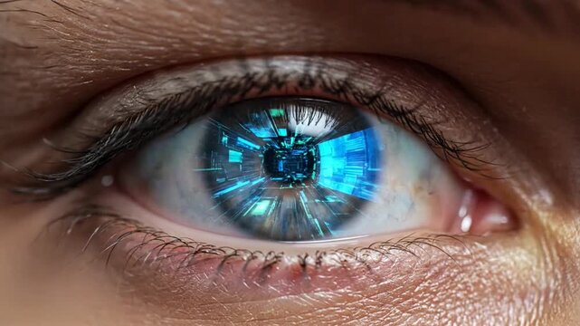 A close-up of an eye with a digital, futuristic interface overlay.