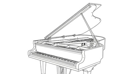 Detailed line drawing of a grand piano with lid open. © S.Stock