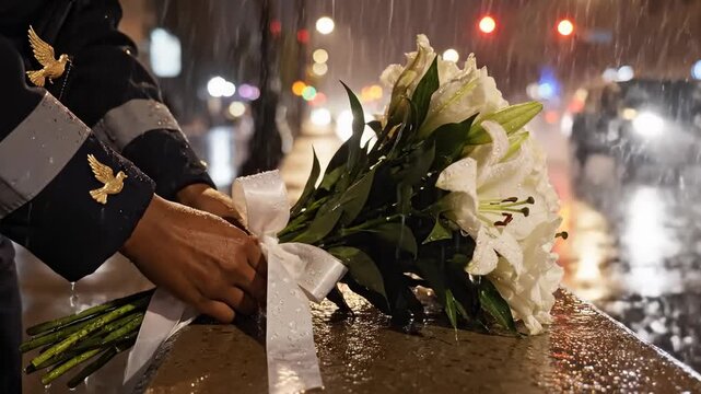 Person Placing White Lily Bouquet on Wet Ledge in Rainy City Night