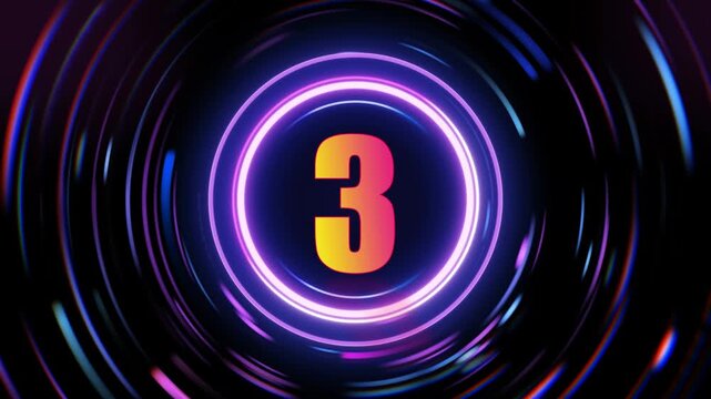 Neon number three graphic elements with color changing effect on dark background