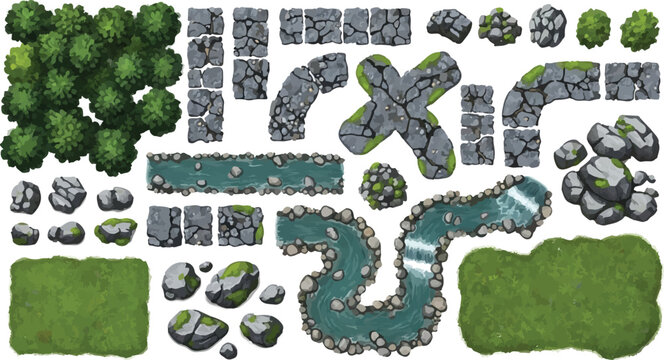 Top-down vector game assets set featuring various modular terrain elements like green trees, grass patches, winding rivers, mossy rocks, and cracked stone paths for fantasy map building and