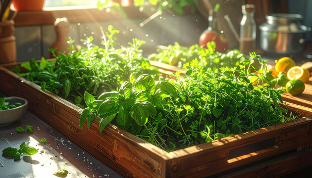 Fresh herbs growing in a wooden box illuminated by sunlight