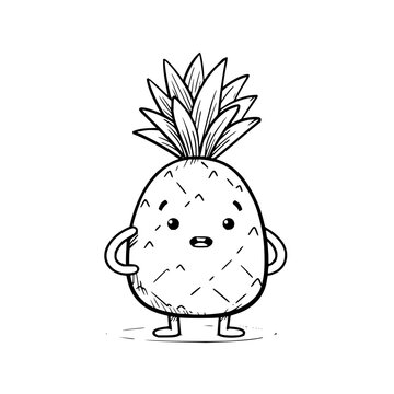Whimsical hand drawn black and white cartoon pineapple character with big eyes and a friendly expression standing on tiny feet with arms akimbo conveying a sense of playful