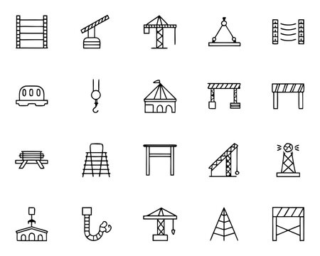 Construction icons showcase various equipment and structures in an industrial setting with crane, tower, forklift, tent, and scaffolding.