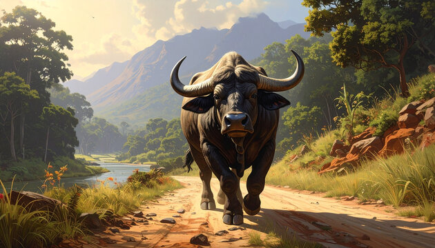 Majestic african buffalo walks towards camera on a forest trail