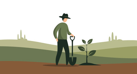 Farmer planting a small tree with a shovel in the soil. © S.Stock
