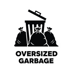 Obraz premium A black and white graphic depicts a waste bin overflowing with three tied garbage bags accompanied by text reading oversized garbage high quality professional detailed modern