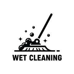 Fototapeta premium A black and white illustration depicts a mop with bubbles and sparkles accompanied by the text wet cleaning below high quality professional detailed modern elegant stylish
