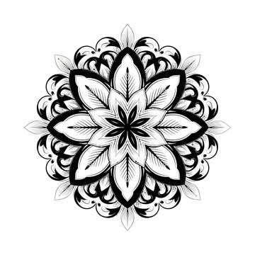 Intricate black and white mandala with floral and geometric designs
