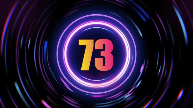 Glowing neon number 73 signs rotating in a dark abstract background with purple and blue lights