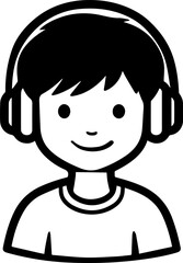 Obraz premium Hand Drawn Boy Wearing Headphones Black and White Avatar Illustration in Minimal Line Art Style Design