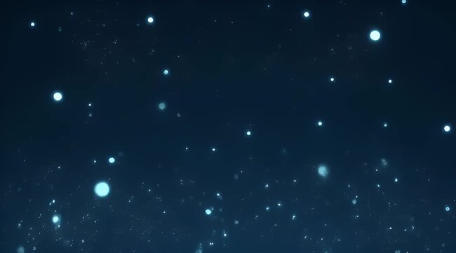 Cinematic blue bokeh particles floating on dark background, glowing ethereal dust animation, magical shimmering light orbs for video overlays