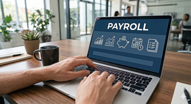 Businessman working on laptop with payroll management system icons