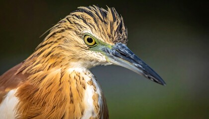 Obraz premium A close-up portrait of a bird, showcasing its textured, golden-brown plumage. Its sharp beak and piercing yellow eye are in focus