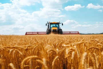 Obraz premium Strong agricultural tractor works in golden wheat field under blue sky with clouds during daytime in summer