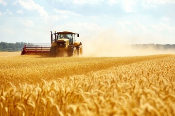 Obraz premium Powerful tractor working in golden wheat field during daytime under clear sky