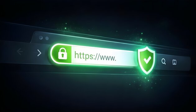 A glowing green secure HTTPS web browser address bar with padlock and shield icons.