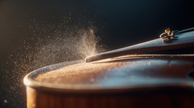 violin bow touching string releasing cloud of rosin dust illuminated by sunlight beam, macro particles floating above violin body, cinematic warm