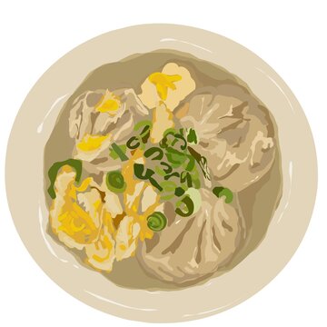 Illustration a bowl of dumpling soup.