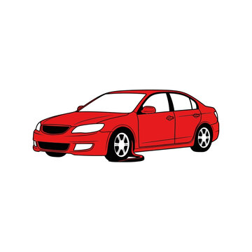A red sedan car illustration with a flat tire on white background