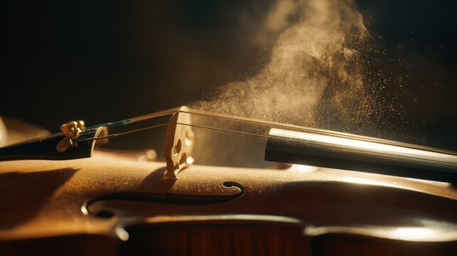 violin bow touching string releasing cloud of rosin dust illuminated by sunlight beam, macro particles floating above violin body, cinematic warm