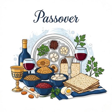 A passover seder plate with wine and food