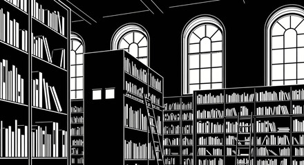 Large library bookshelves with books. © alvin